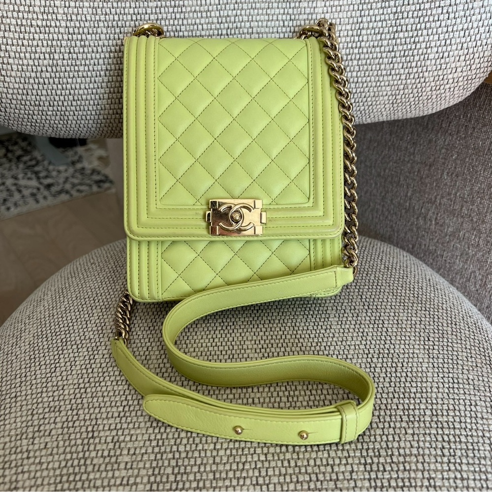 Chanel Calfskin Quilted North South Boy Flap in Light Green